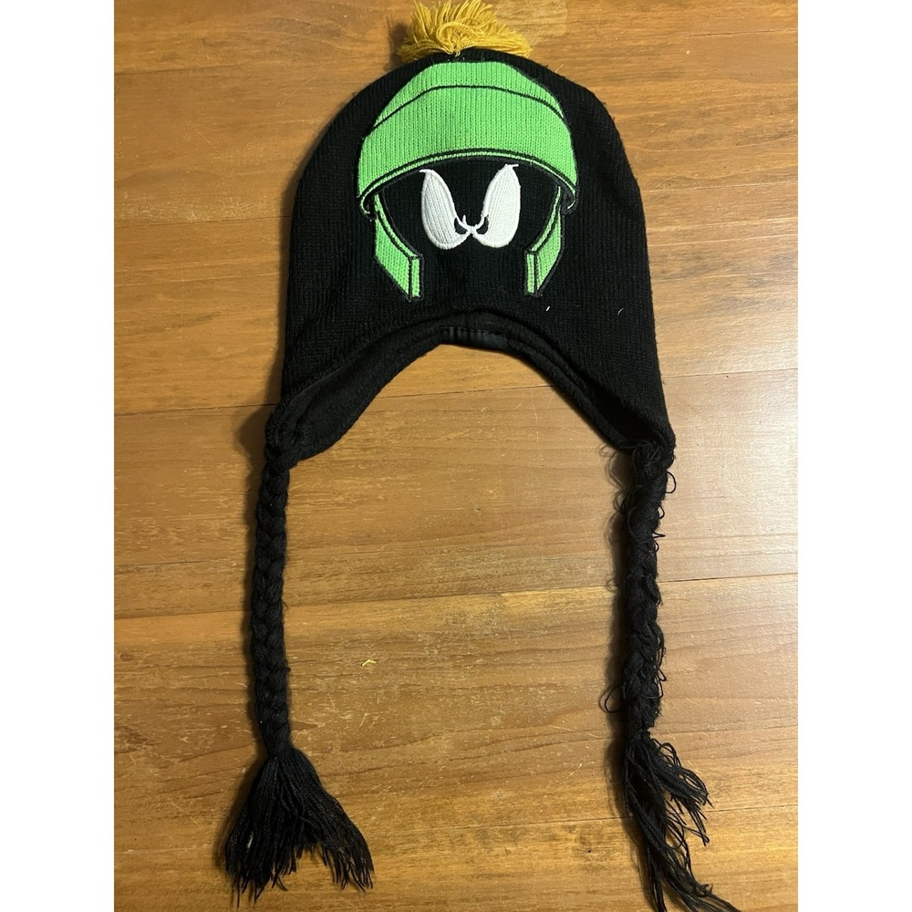Looney Tunes Black Marvin the Martian Cartoon Beanie Winter Cap‎ Hat Tassels